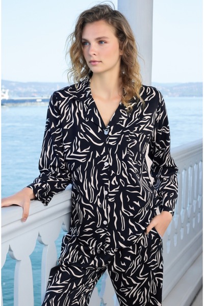 seamlife SET DE PIJAMĂ CU BUTON PE FRUNZĂ, Guler D din material tip stofă, PARTEA SUPERIOR ȘI INFERIOR