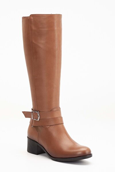 ANALİN SHOES Kadın Hakiki Deri Tokalı Kalın Topuklu Çizme - Ceviz