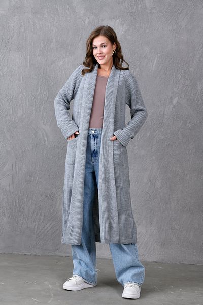 bayansepeti Gray Knitwear Fabric Double Pocket Shawl Collar Long Cardigan 5001