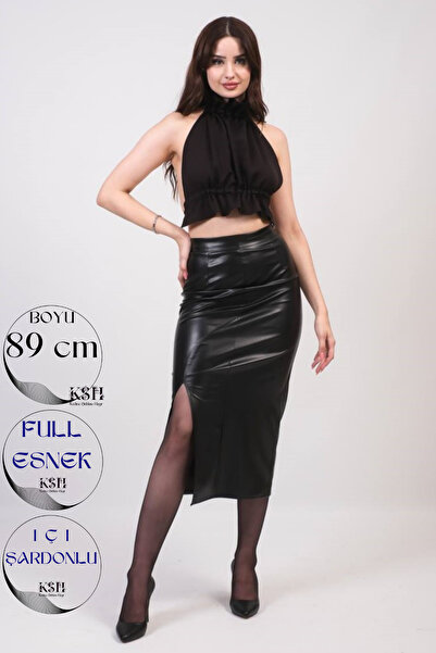 KaSheHa Siyah Beli Lastikli Yırtmaçlı Deri Etek 89 Cm