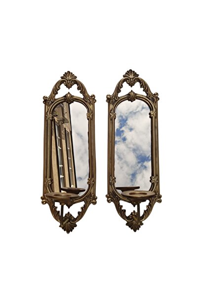 Peramari Dekoratif Polyester İkili Niş Dikdörtgen Aynalı Mumluk Takımı Gold Sade