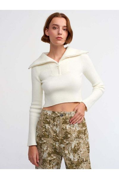 Dilvin 10299 Model Ecru Crop Sweater - Zippered Front