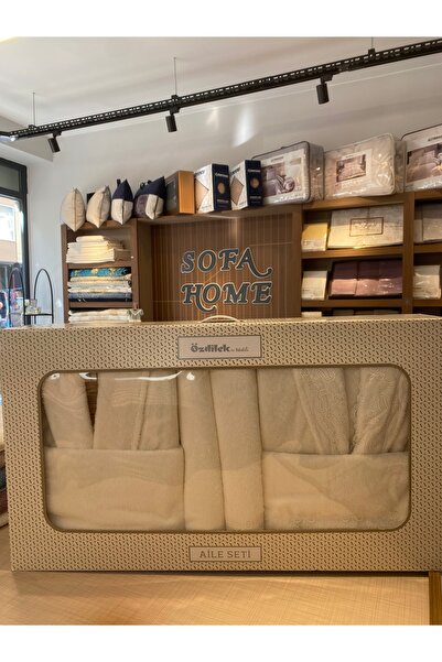 Özdilek %100 Pamuk Bornoz Takımı Özdilek Carmin Krem-Krem Aile Seti