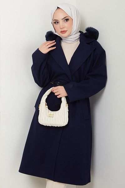 hafsamina Παλτό Navy Blue Stash - με κουκούλα και κορδόνι στη μέση HM2604