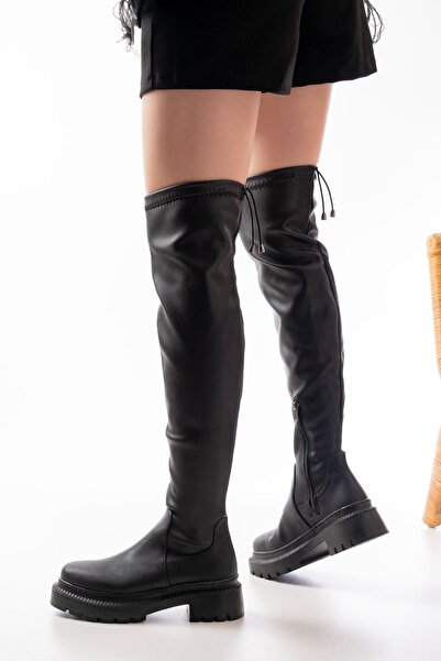 infon shoes creation 236-2194 Cizme de zi cu fermoar peste genunchi elastice negre pentru femei