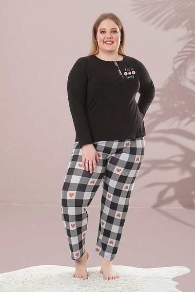 JENİKA Set de pijamale de mărime mare cu detaliu de imprimare cu model în carouri de culoare neagră