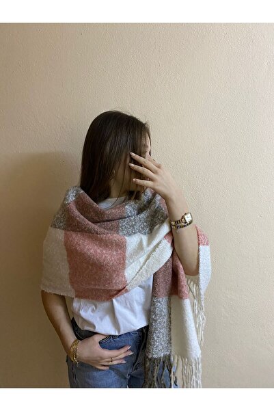 sema aksesuar Γυναικείο χειμωνιάτικο ροζ αποξηραμένο τριαντάφυλλο κρεμ καρό κασκόλ - Δώρο για την Ημέρα του Δασκάλου