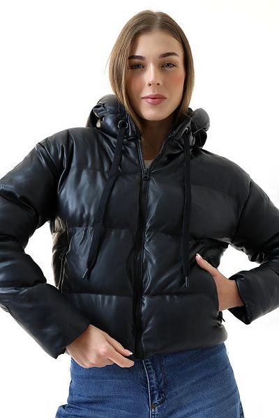 Union and Joy Woman 1St Quality Faux Leather Look Black Puffer Jacket