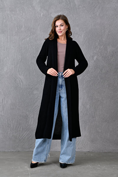bayansepeti Long Black Knitwear Cardigan 5001 - Shawl Collar, Double Pocket