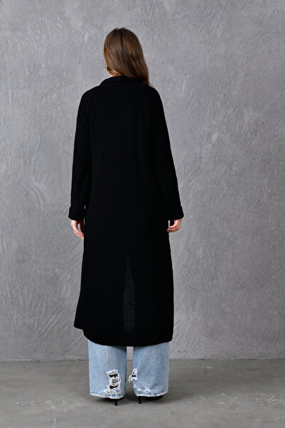 bayansepeti Long Black Knitwear Cardigan 5001 - Shawl Collar, Double Pocket