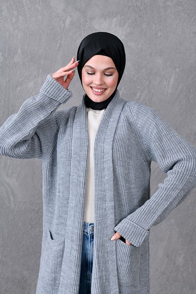 4S1B FASHION Gray Knitwear Fabric Double Pocket Shawl Collar Long Hijab Clothing Cardigan 5001