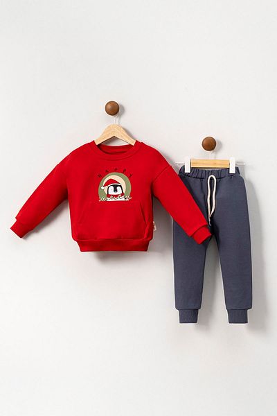 Minigimin Cicileri Happy Penguin Patterned Boy's Set - My Little's Flowers, 2-5 Years, Red