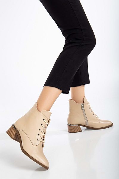 ANALİN SHOES Μπεζ Γυναικείες Μπότες - Γνήσιο δέρμα, Λεπτομέρεια μεταλλικής πόρπης, κορδόνια