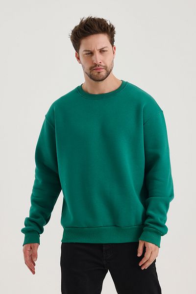 COMBİNE MİCHAİL Green Cotton Crew Neck Oversize Raster Basic Men's Sweatshirt