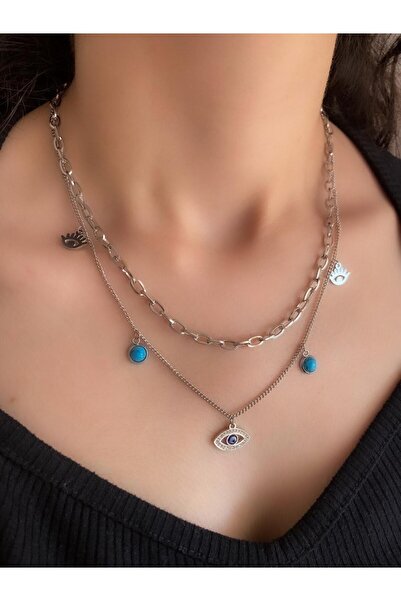 DEMOKAN Kadın Çelik Kolye 2'li Zirkon Göz Turkuaz Taş Kolye