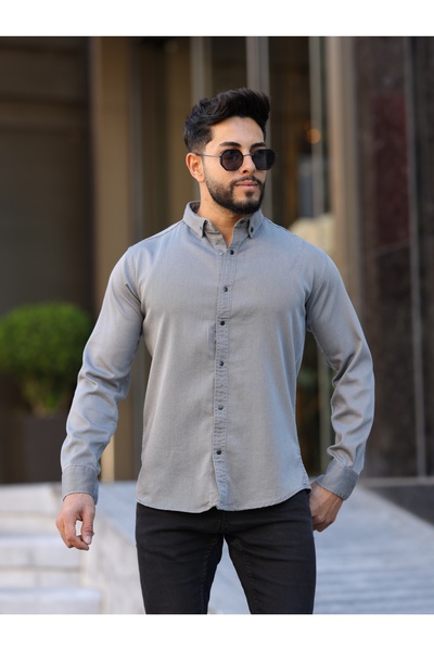 WKM Ανδρικό πουκάμισο με λεπτή εφαρμογή γκρι Oxford με κουμπιά γιακά εύκολο σ...