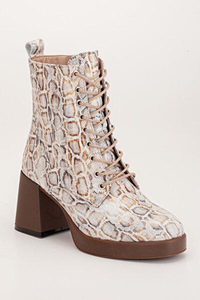 ANALİN SHOES Γνήσιες δερμάτινες μπότες με χοντρό τακούνι με σχέδιο λευκού φιδιού - κομψό κορδόνι