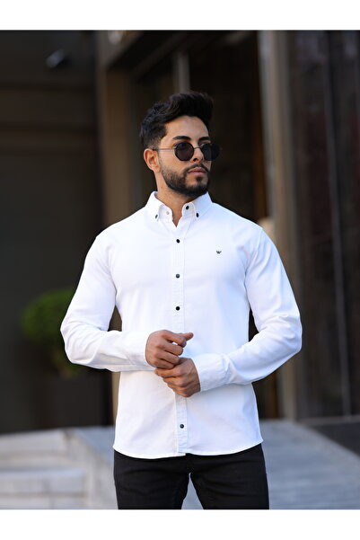 WKM Ανδρικό πουκάμισο Slim Fit Λευκό Oxford με κουμπιά γιακά Εύκολο στον σιδέ...
