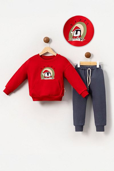 Minigimin Cicileri Happy Penguin Patterned Boy's Set - My Little's Flowers, 2-5 Years, Red