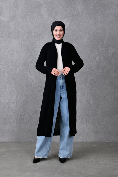 4S1B FASHION Black Hijab Clothing Cardigan - Double Pocket, Shawl Collar, Knitwear Fabric 5001