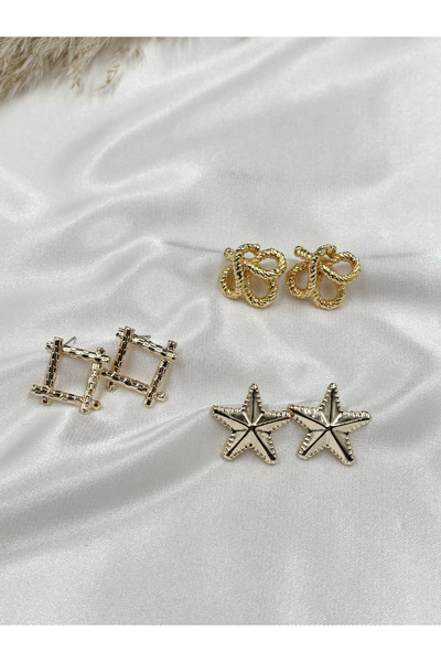 Eylülün Takısı Women's Gold Color 3 Pairs Star-Square-Knot Earrings Set