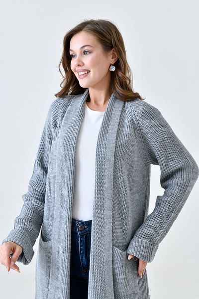 WOMAN VISION Tricotaj gri, guler șal, cardigan lung - buzunar dublu detaliat 5001