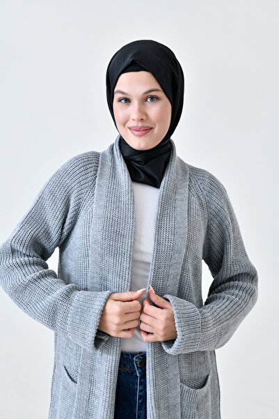 vuvutasarım Knitwear Women's Cardigan - Double Pocket, Shawl Collar, Long Gray Hijab Clothing 5001