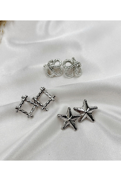 Eylülün Takısı Kadın Gümüş Renk 3 Çift Yıldız-Kare-Düğüm Küpe Seti