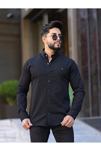 WKM Ανδρικό πουκάμισο με λεπτή εφαρμογή μαύρο Oxford με κουμπιά γιακά εύκολο ...