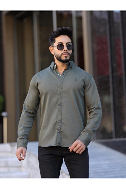 WKM Ανδρικό πουκάμισο Slim Fit Khaki Oxford με κουμπιά γιακά που εύκολα σιδερ...