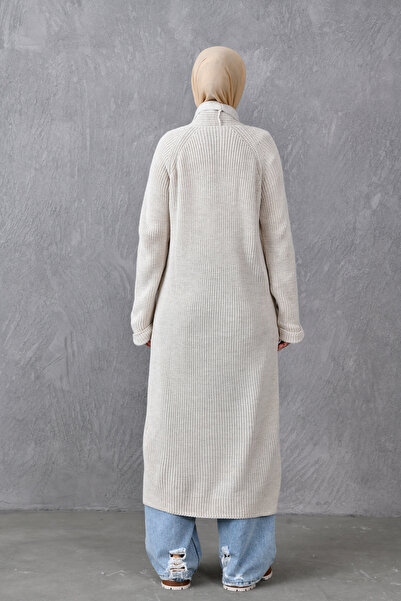 4S1B FASHION Stone Knitwear Fabric Double Pocket Shawl Collar Long Hijab Clothing Cardigan 5001