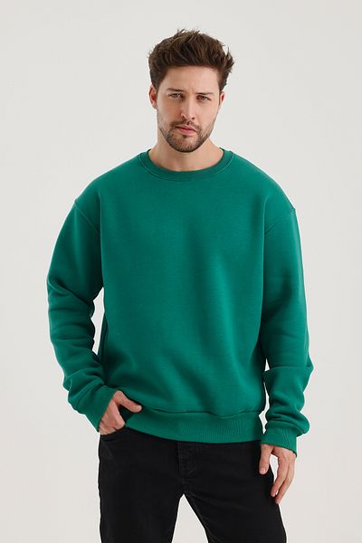 COMBİNE MİCHAİL Green Cotton Crew Neck Oversize Raster Basic Men's Sweatshirt