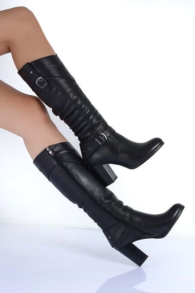 ANALİN SHOES Дамски боти на висок ток от естествена кожа, черни, с катарами Bellows