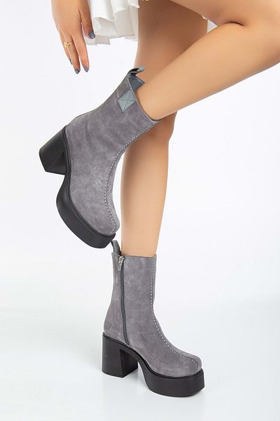 ANALİN SHOES Γκρι σουέντ γυναικείες μπότες με τακούνι - γνήσιο δέρμα και χοντρή σόλα