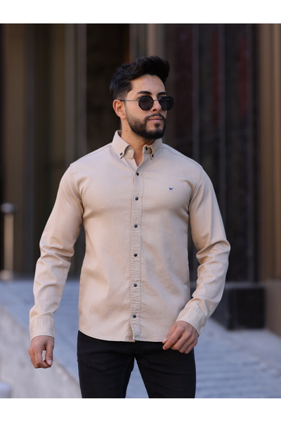 WKM Cămașă pentru bărbați din bumbac, slim, bej, cu nasturi Oxford, cu detali...
