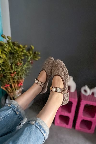 SHOEBELLAS Γυναικείες μπαλαρίνες Beef Brown Velvet με χρυσή αγκράφα