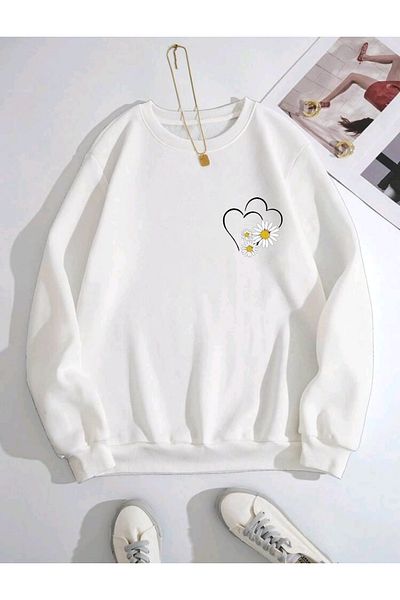 FAVORİST Line Heart and Daisy Printed Oversize Crew Neck Sweatshirt