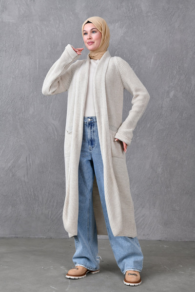 4S1B FASHION Stone Knitwear Fabric Double Pocket Shawl Collar Long Hijab Clothing Cardigan 5001