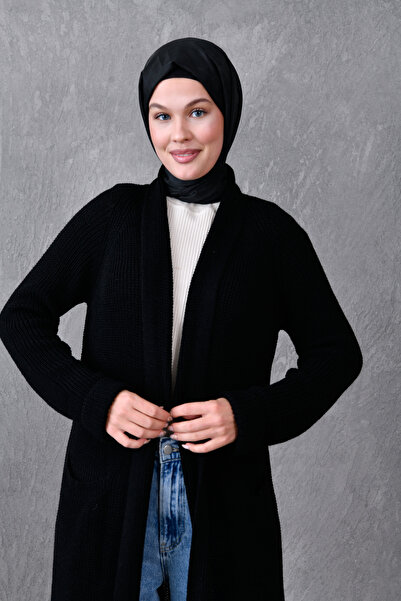 4S1B FASHION Black Hijab Clothing Cardigan - Double Pocket, Shawl Collar, Knitwear Fabric 5001