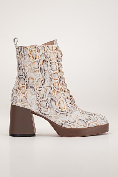 ANALİN SHOES Γνήσιες δερμάτινες μπότες με χοντρό τακούνι με σχέδιο λευκού φιδιού - κομψό κορδόνι