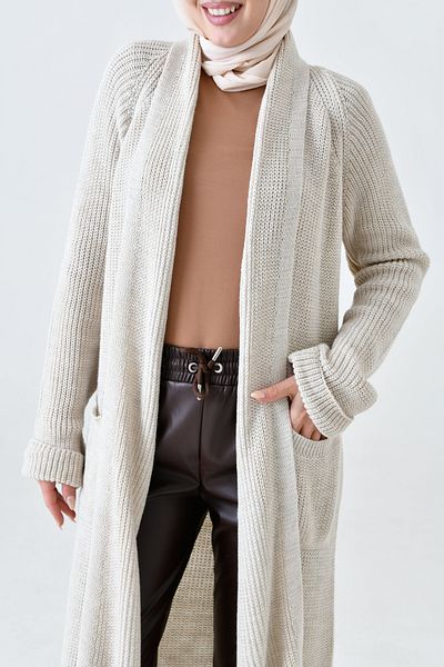 vuvutasarım Knitwear Women's Cardigan - Double Pocket, Shawl Collar, Stone Hijab Detailed 5001