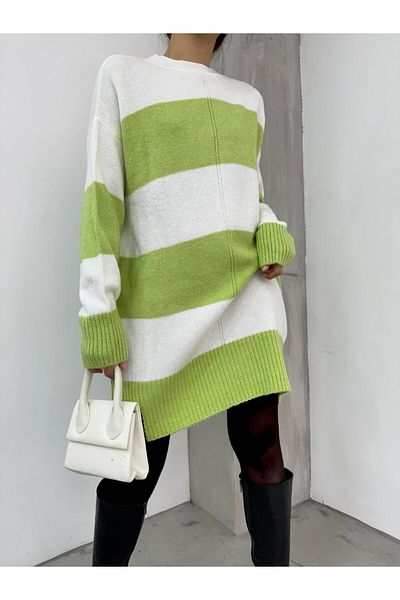Modamorfo Green Thick Striped Knitwear Tunic