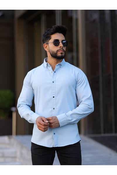 WKM Slim Fit Light Blue Oxford Button-Down Collar Easy-Ironing Embroidery Detailed Cotton Men's Shirt