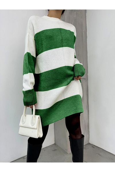 Modamorfo Green Thick Striped Knitwear Tunic