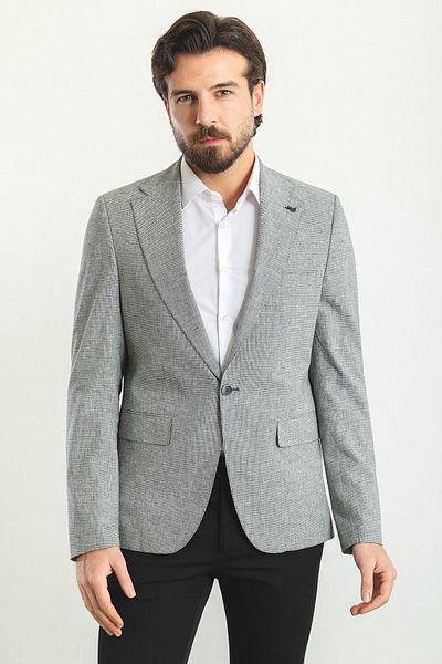 Mcr Ανδρικό μπουφάν με καρό Slim Fit Mono Collar Λινό Navy Blue-ecru - 40291.23y