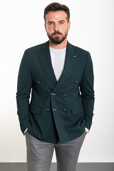 Mcr Striped Slim Fit Wide Collar Double Breasted Men's Jacket Emerald - 40286.23Y