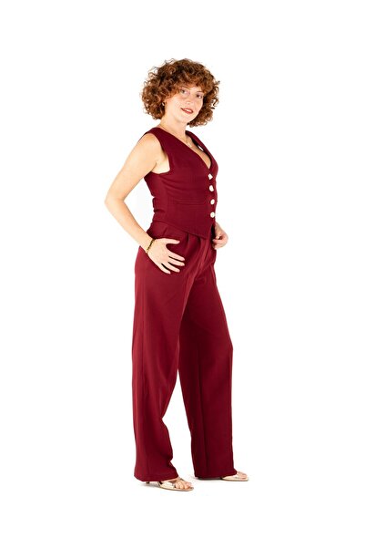 Portakal Esintisi Geometrik Düğmeli Kadın Yelek Pantolon Takım