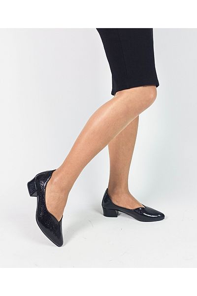 GDT Ayakkabı Genuine Leather Black Honeycomb Pattern Thick Heel Women's Shoes