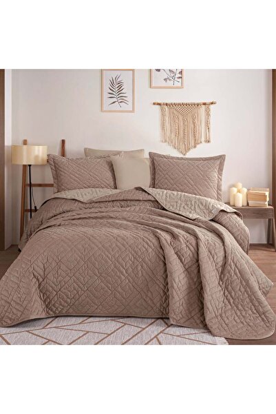Hobby Silvana Fitilli Kadife Yatak Örtüsü - Geometrik - Bej