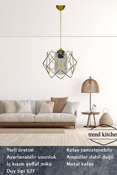 Trend Kitchen 2 قطعة تصميم ذهبي للمطبخ، المدخل، القاعة، غرفة المعيشة، مصباح معلق من زجاج الميكا الشفاف